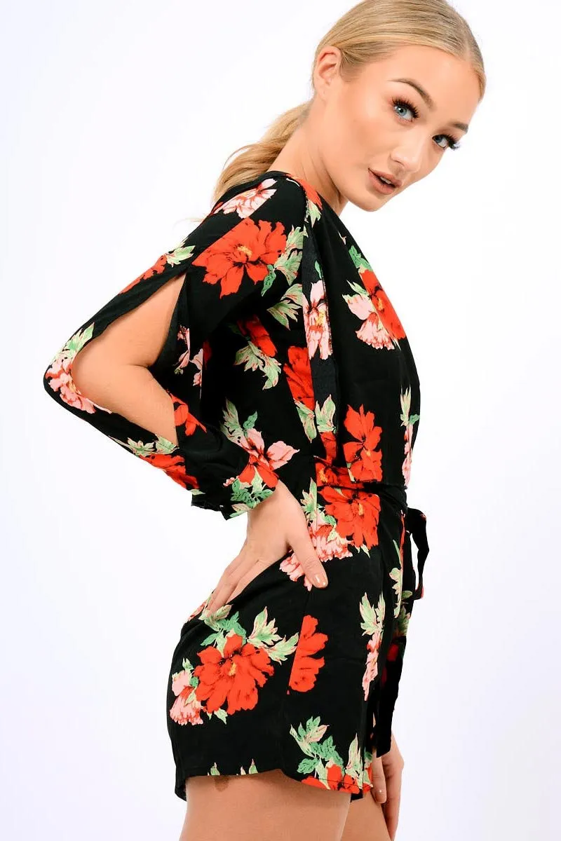 Black Floral Panel Wrap Playsuit - Ladonna