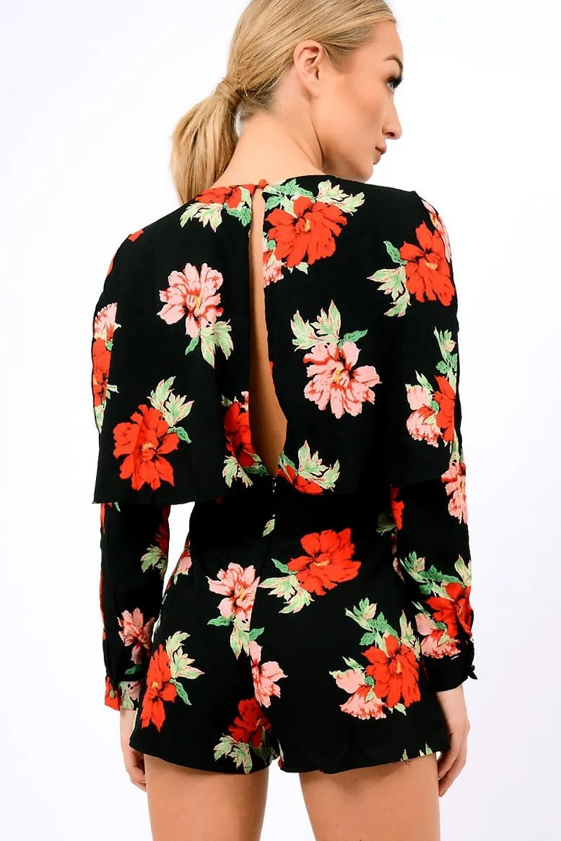 Black Floral Panel Wrap Playsuit - Ladonna