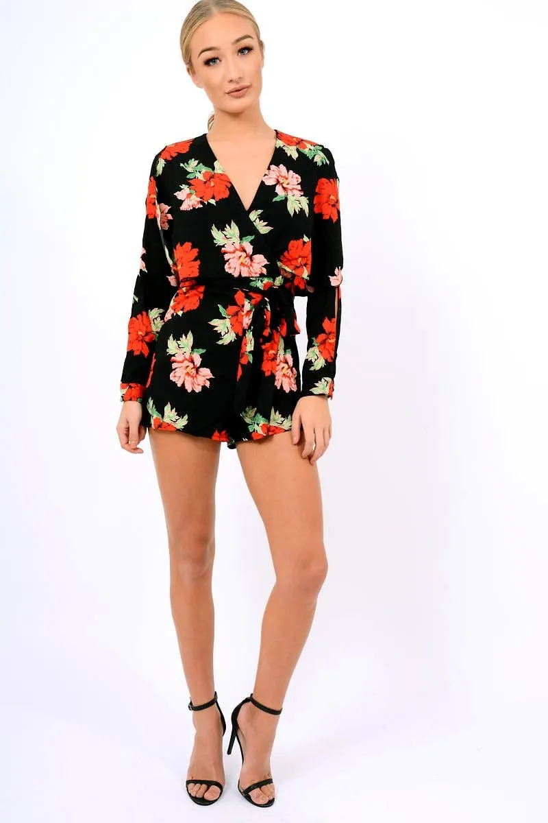 Black Floral Panel Wrap Playsuit - Ladonna