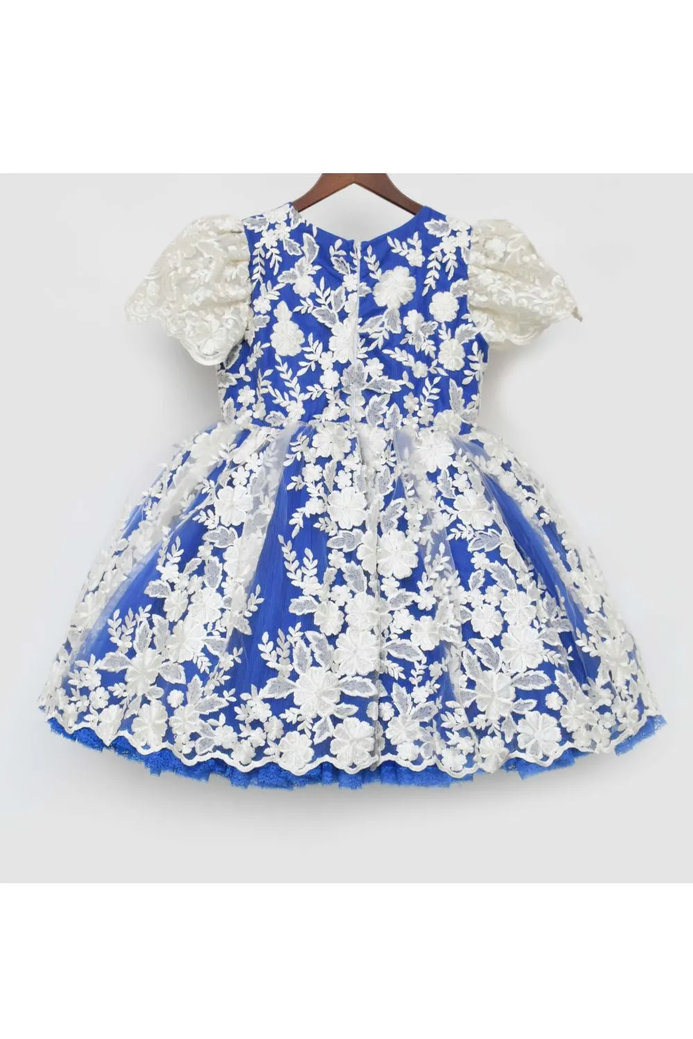 Blue And Off White Lace Detailing Net Dress