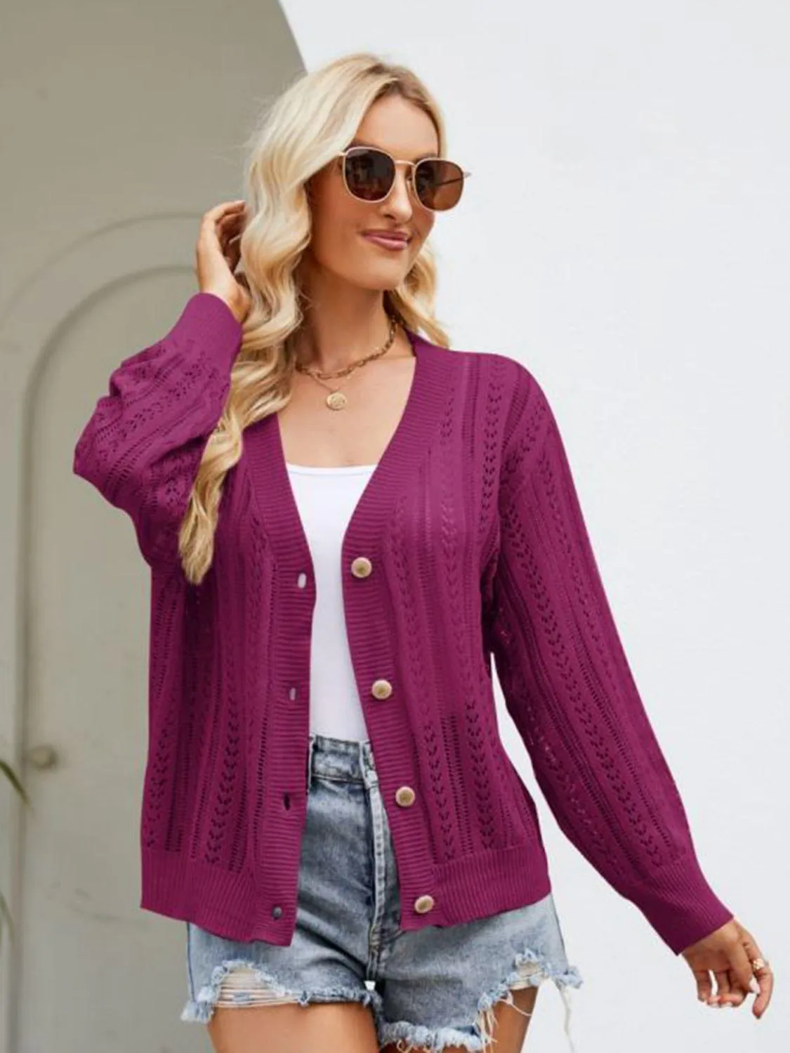 Button Down Ribbed Trim Cardigan