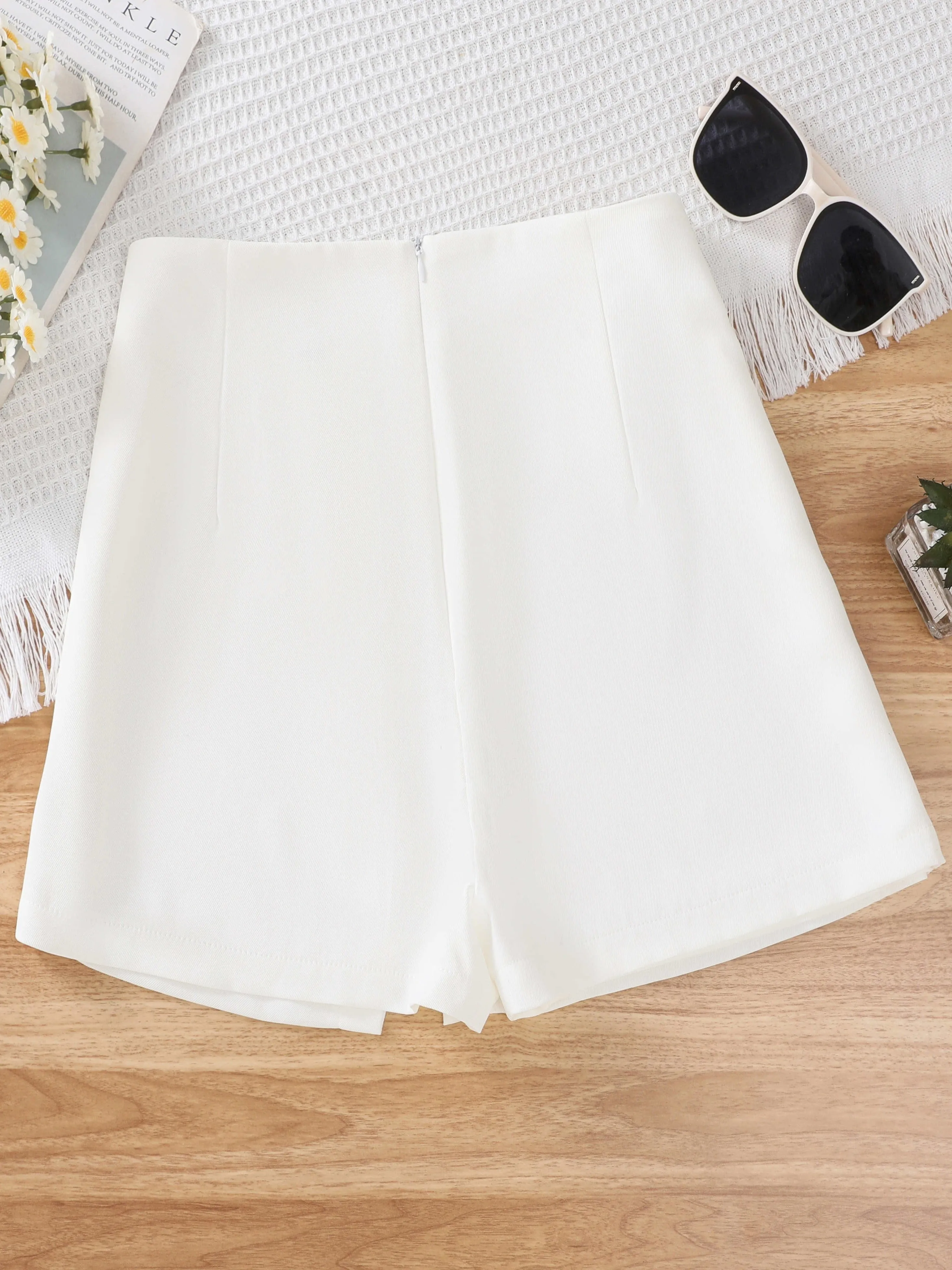 Chic Zip Back Solid Skorts High Waist Button Shorts