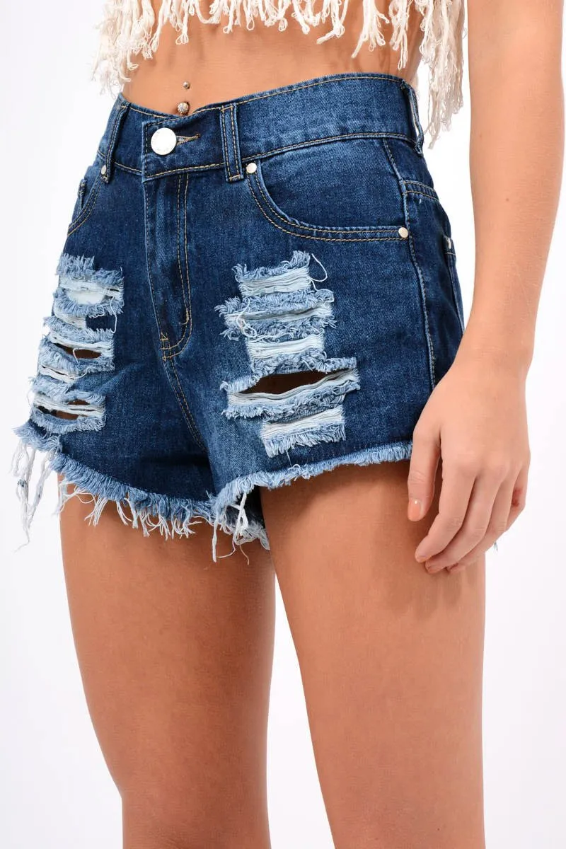 Dark Denim High Waisted Distressed Shorts - Latifa