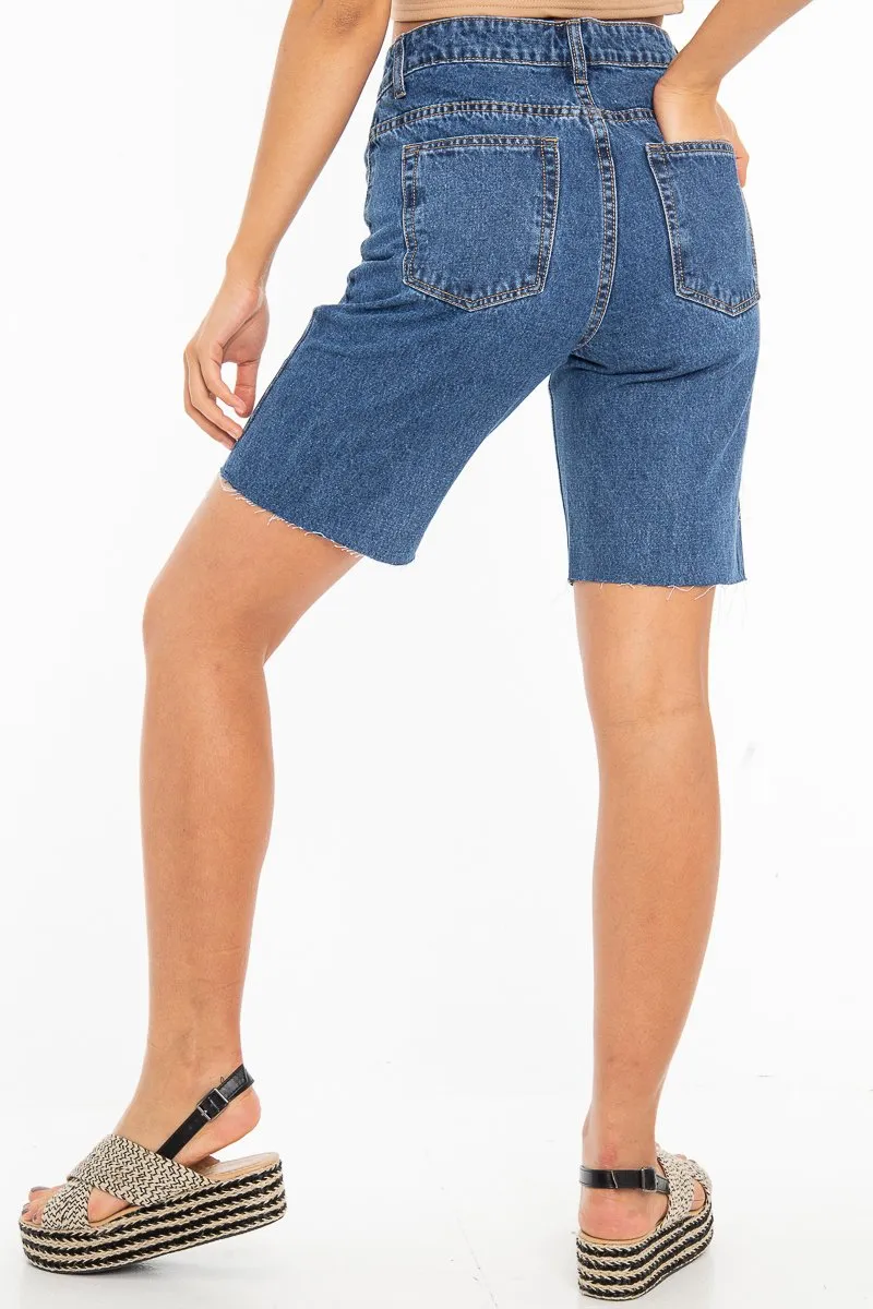 Dark Wash Raw Hem Longline Denim Shorts - Melissa