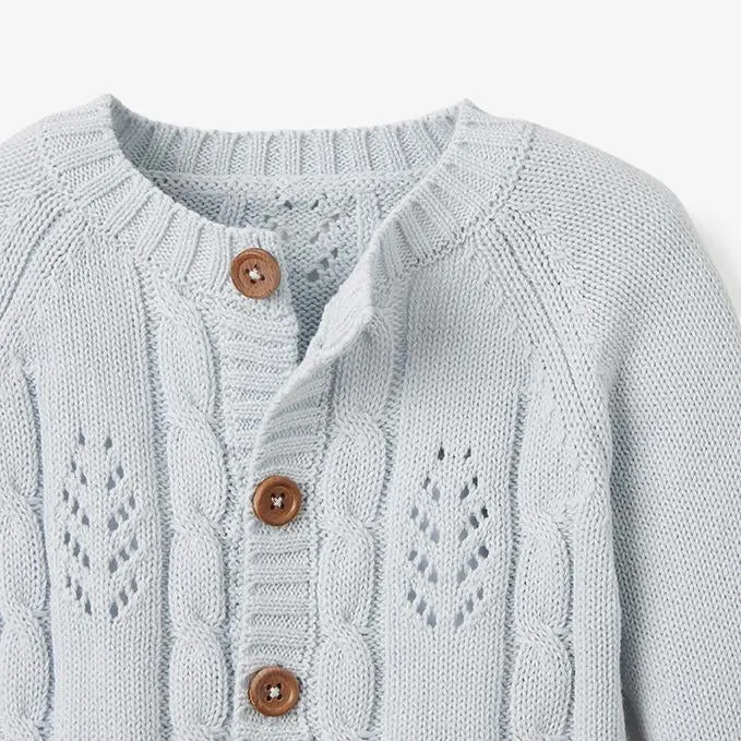 Elegant Baby Leaf Pointelle Knit Cardigan - Pale Blue