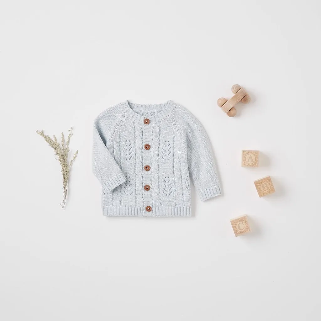 Elegant Baby Leaf Pointelle Knit Cardigan - Pale Blue