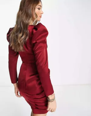 Lavish Alice burgundy satin minidress with puff sleeves