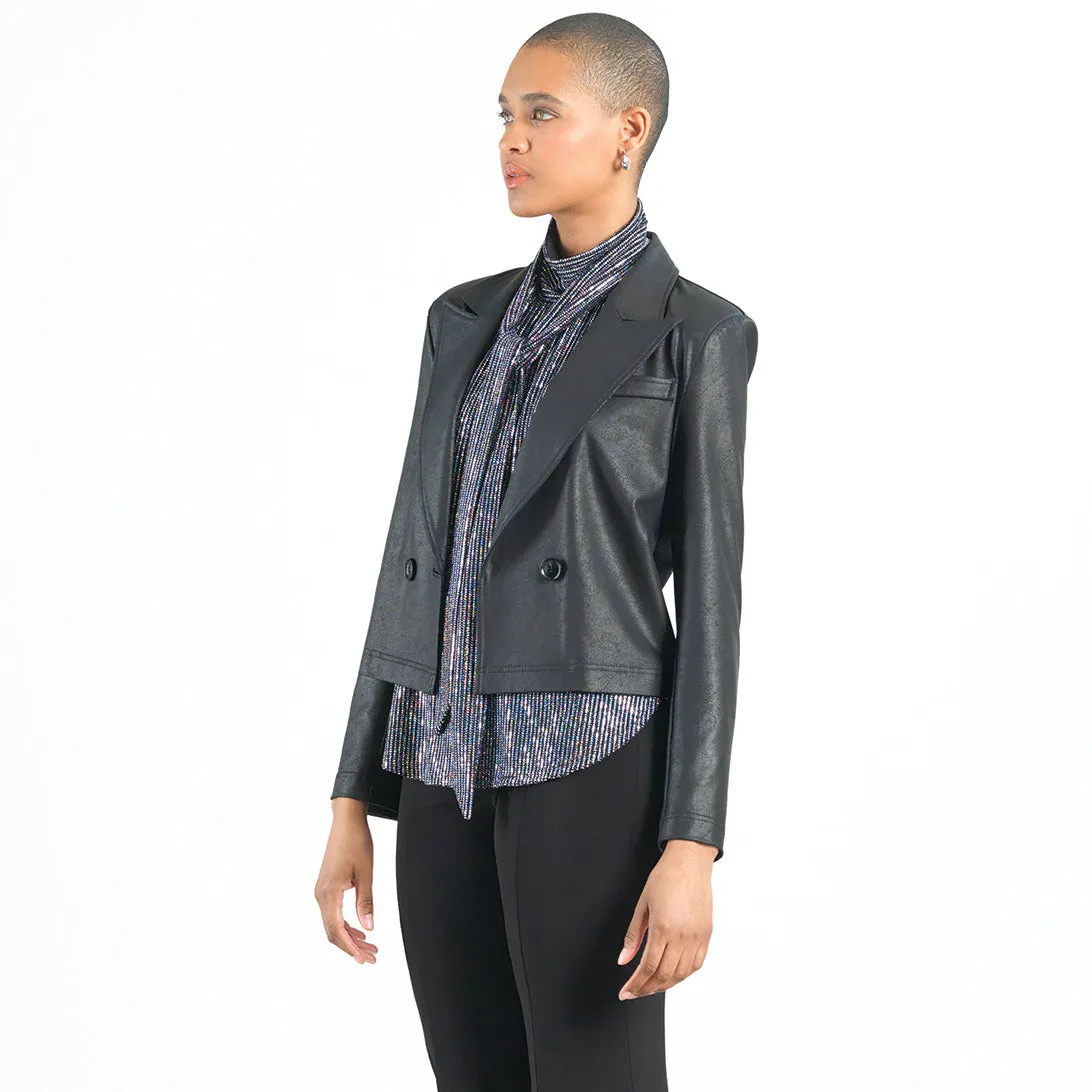 Liquid Leather™ Cropped Tuxedo Blazer - Black