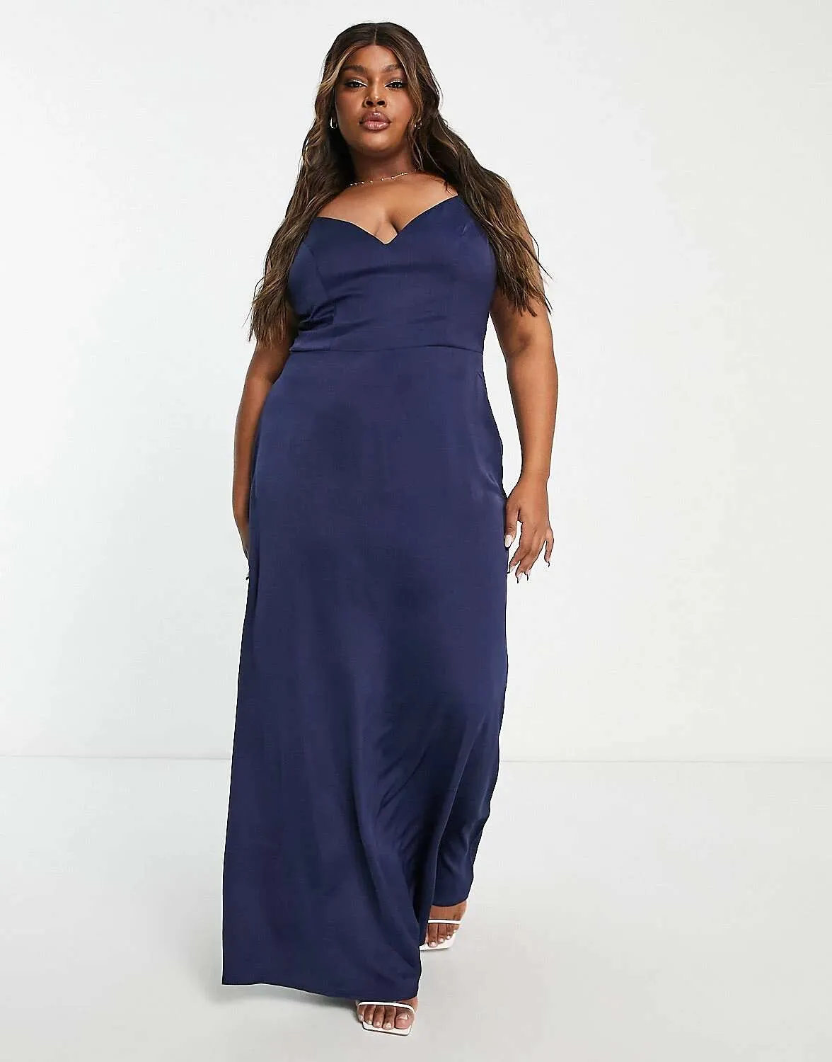 Little Mistress Navy Satin Strap Maxi Dress