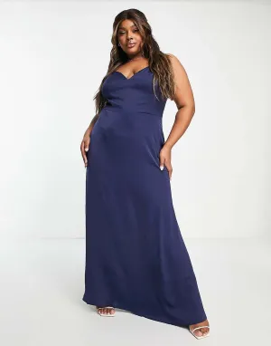 Little Mistress Navy Satin Strap Maxi Dress