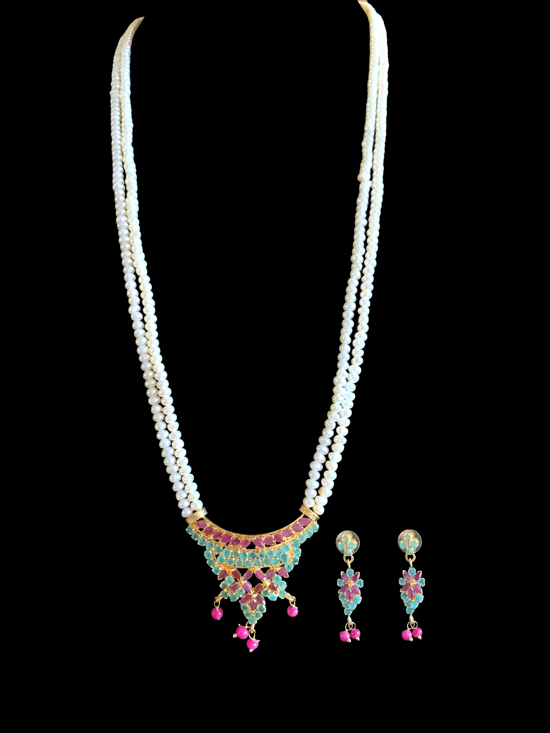 LN127 Ruby emerald long  necklace  set in fresh water pearls ( READY TO SHIP )