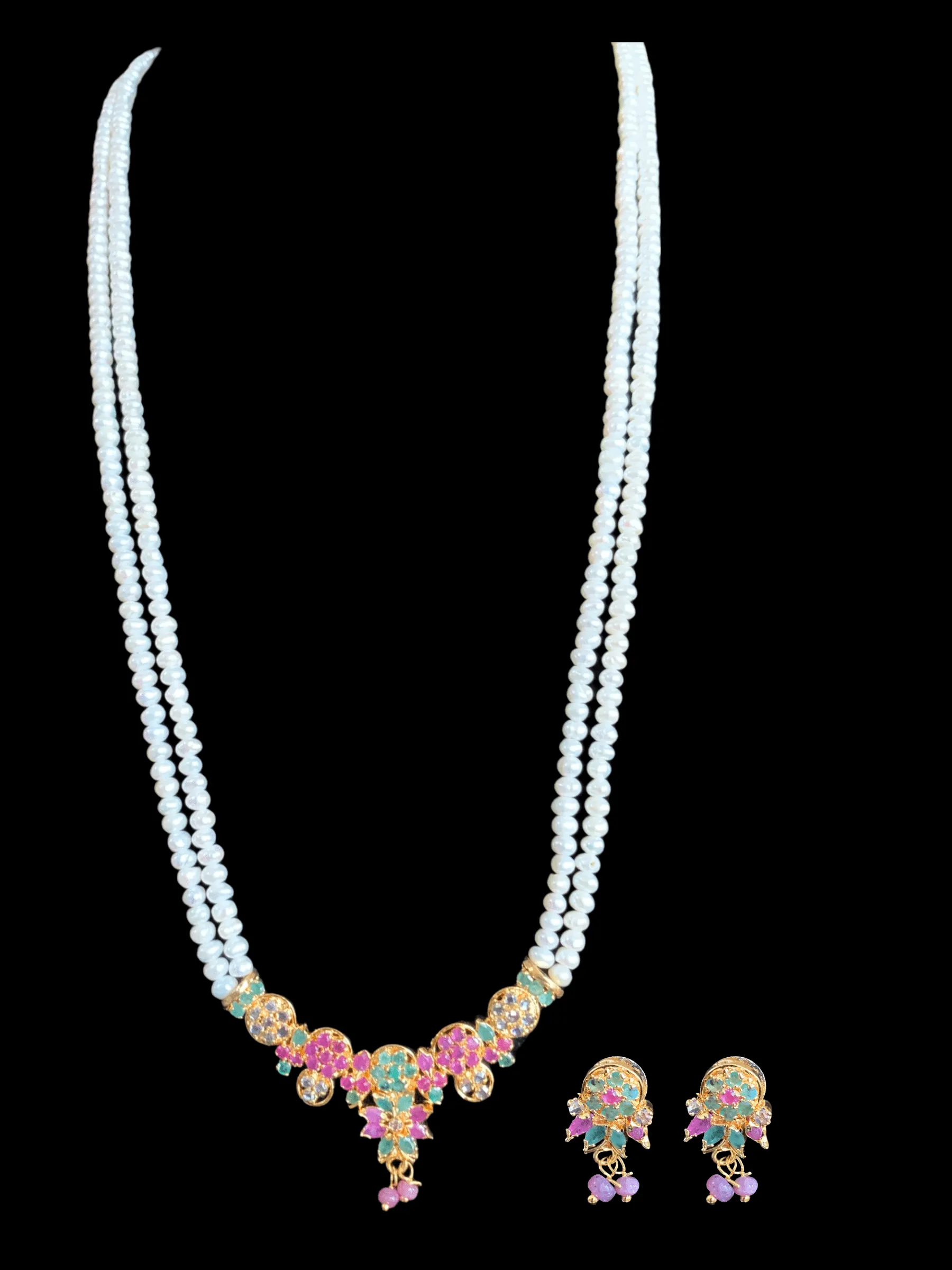 LN130 Ruby emerald long  necklace  set in fresh water pearls ( READY TO SHIP )