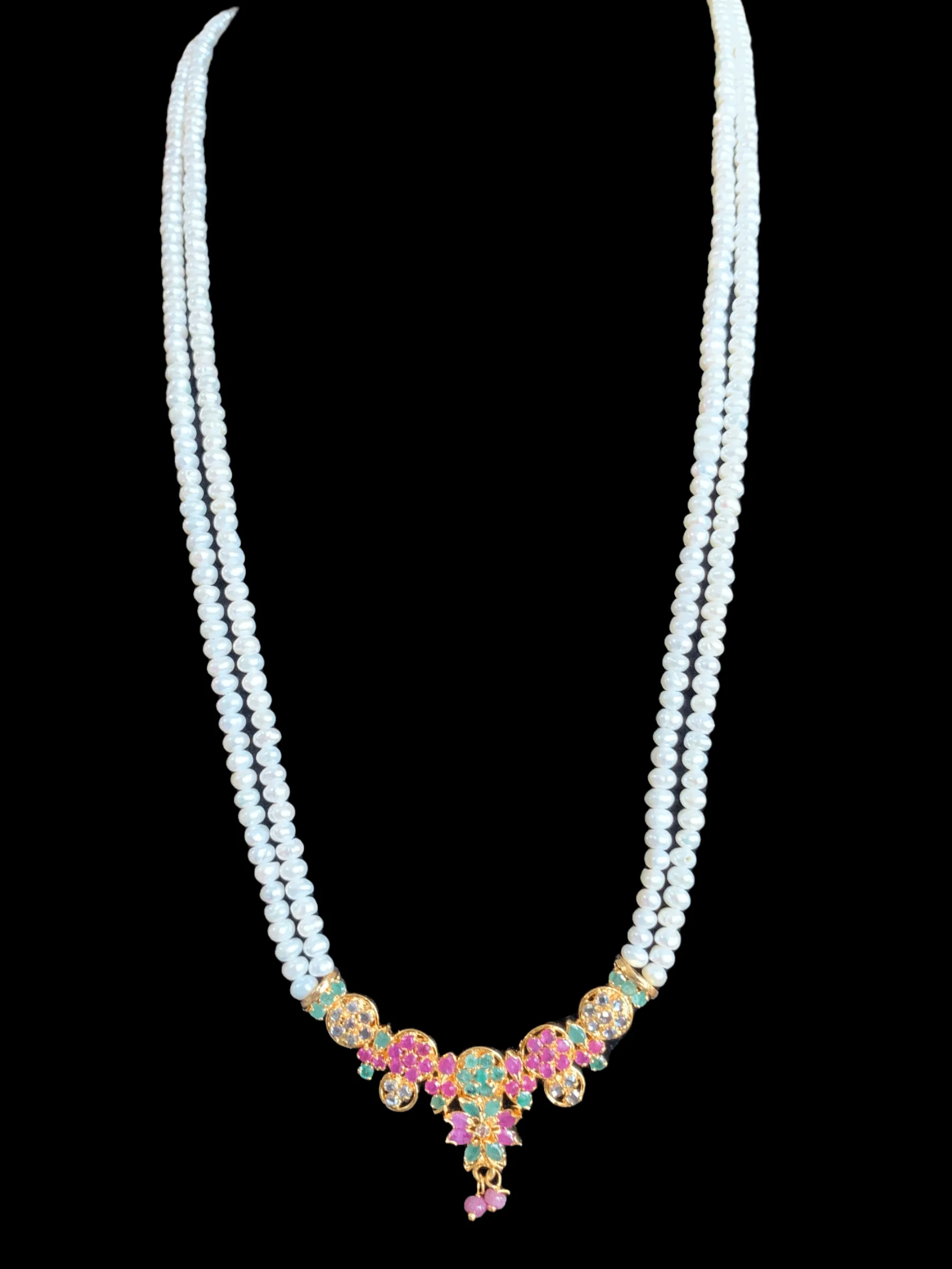 LN130 Ruby emerald long  necklace  set in fresh water pearls ( READY TO SHIP )