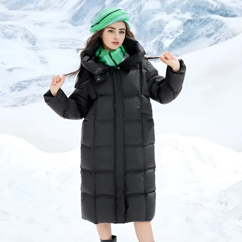 Long Down Jacket for Women. Waterproof Hooded Coat