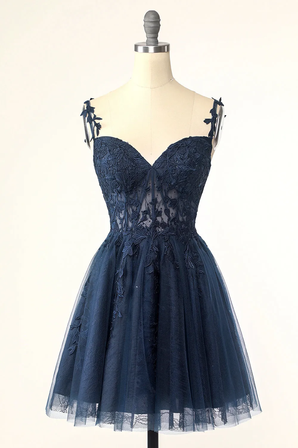 Navy Spaghetti Strap Homecoming Dress with Appliques