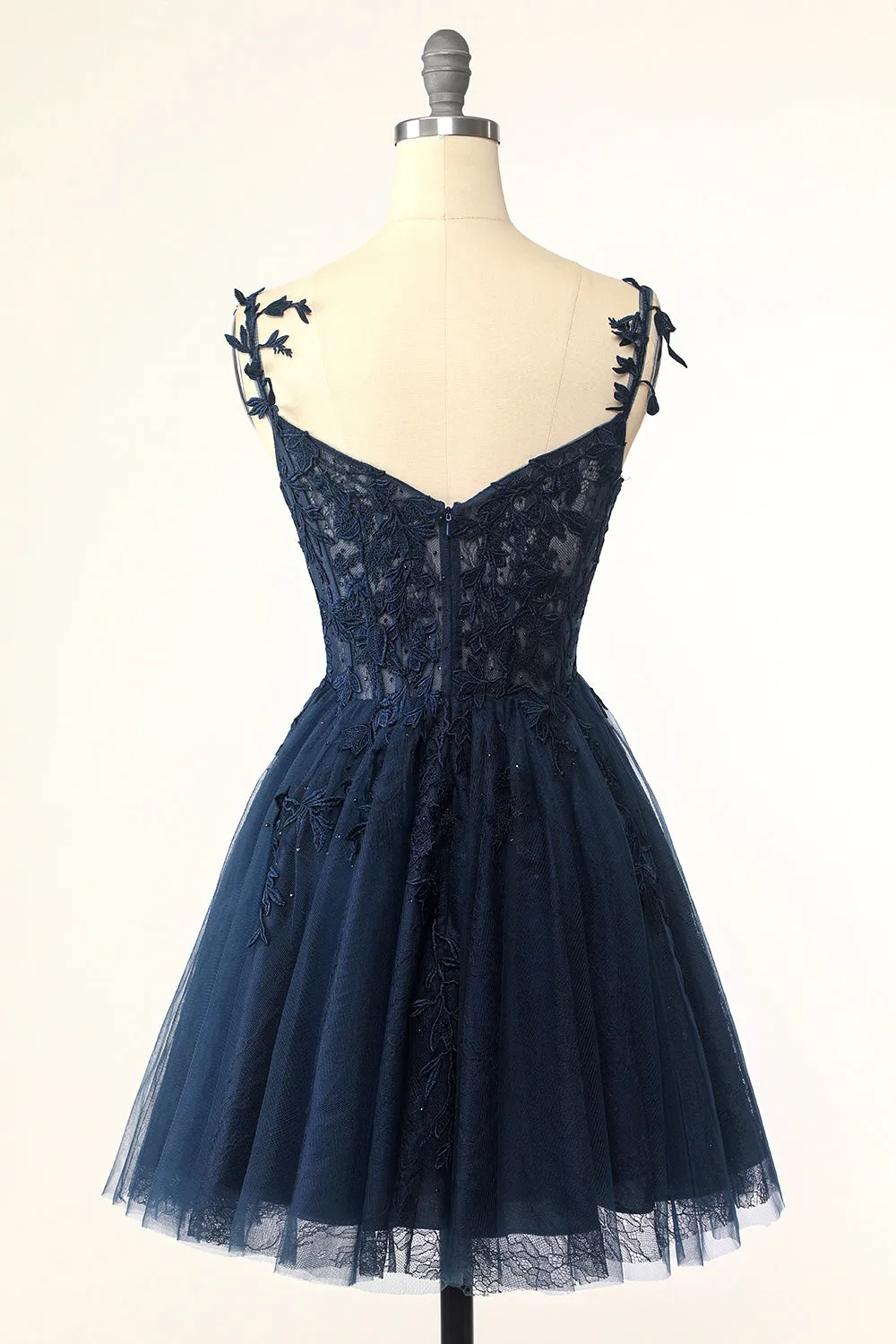 Navy Spaghetti Strap Homecoming Dress with Appliques