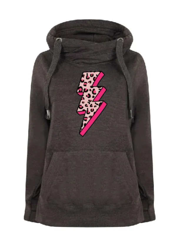 Neon Bold Leopard Print Lightning Bolt Luxe Hoodie - Charcoal