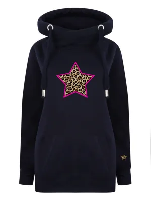 Neon Pink & Leopard Star Luxe Hoodie - Navy