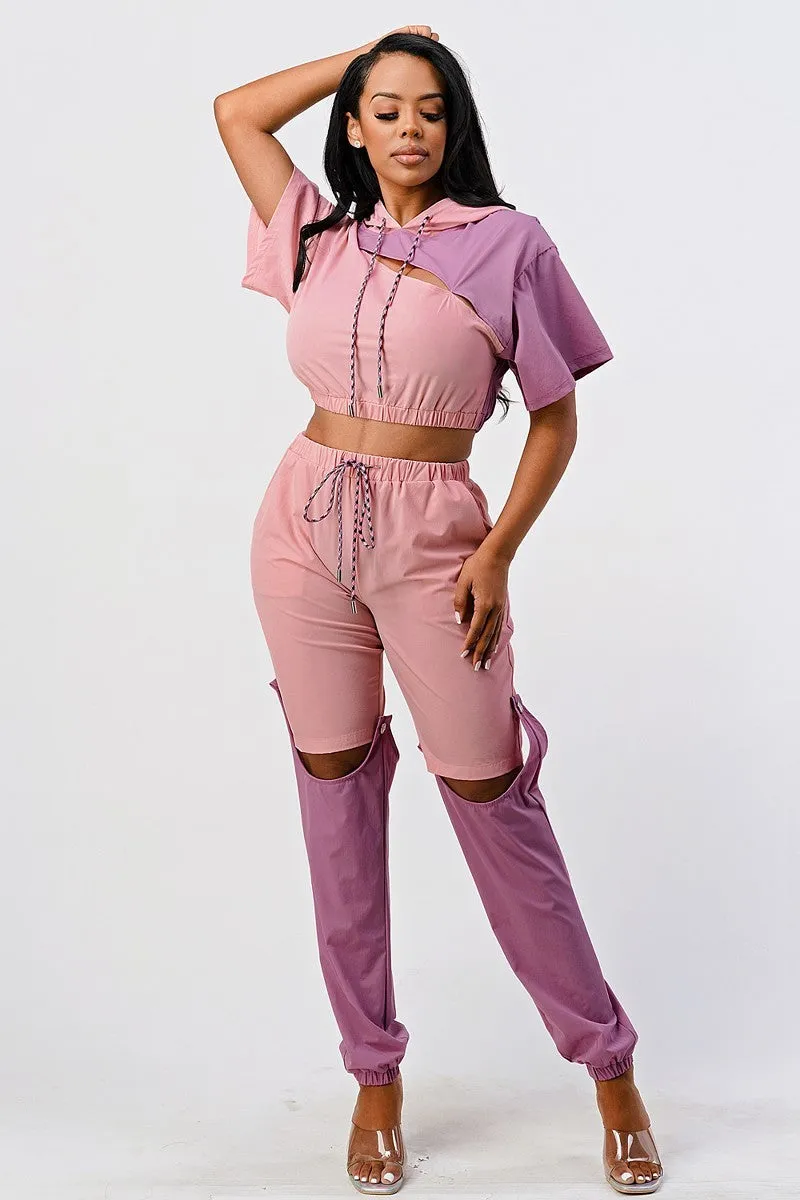 Pants Set In Color Block With Hoodie And Detachable Bottom Part - Ships from The US