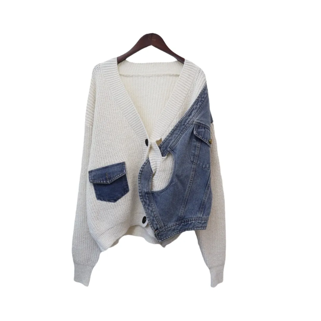 Pre Order:  Casual Patchwork Denim Knitted Cardigan