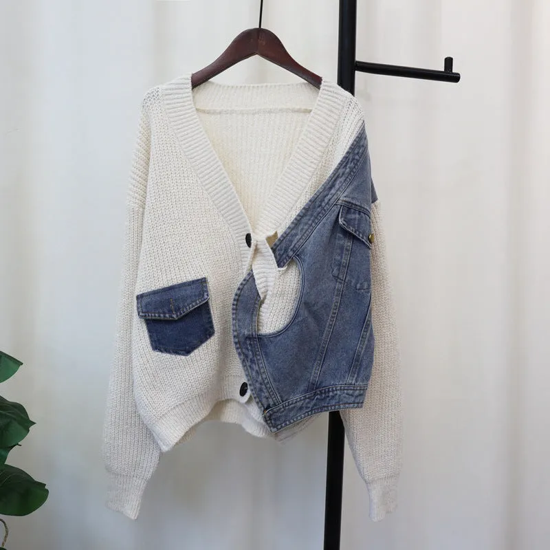 Pre Order:  Casual Patchwork Denim Knitted Cardigan