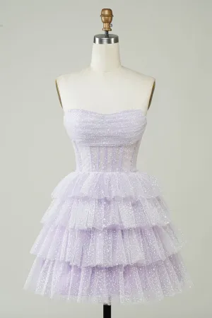 Purple Sparkly Corset Tiered Homecoming Dress