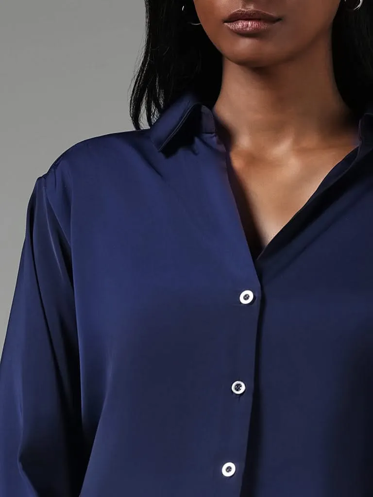 Wardrobe Solid Navy Satin Slim Fit Shirt