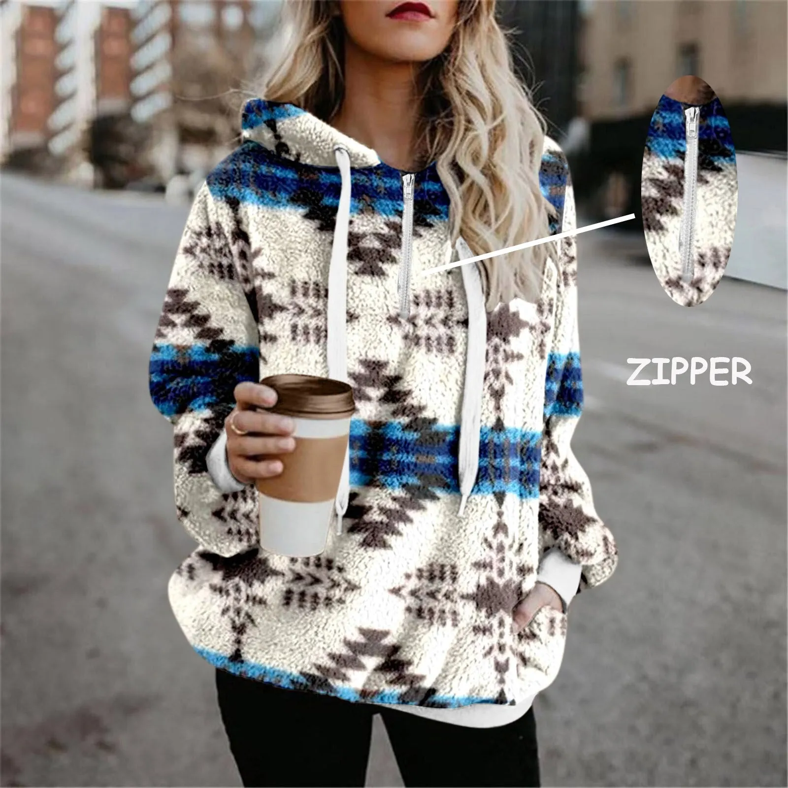 Wenkouban Printed Women Hooded Sweatshirt Autumn Winter Fluffy Wool Hoodies Casual Fleece Drawstring Pullover Long Sleeve Vintage Zip Tops