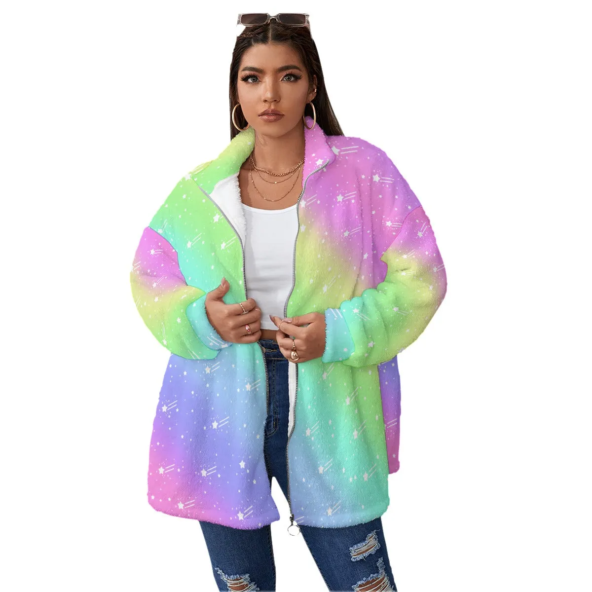 Wishful Rainbow Women's Oversized Fuzzy Fleece Coat With Zipper