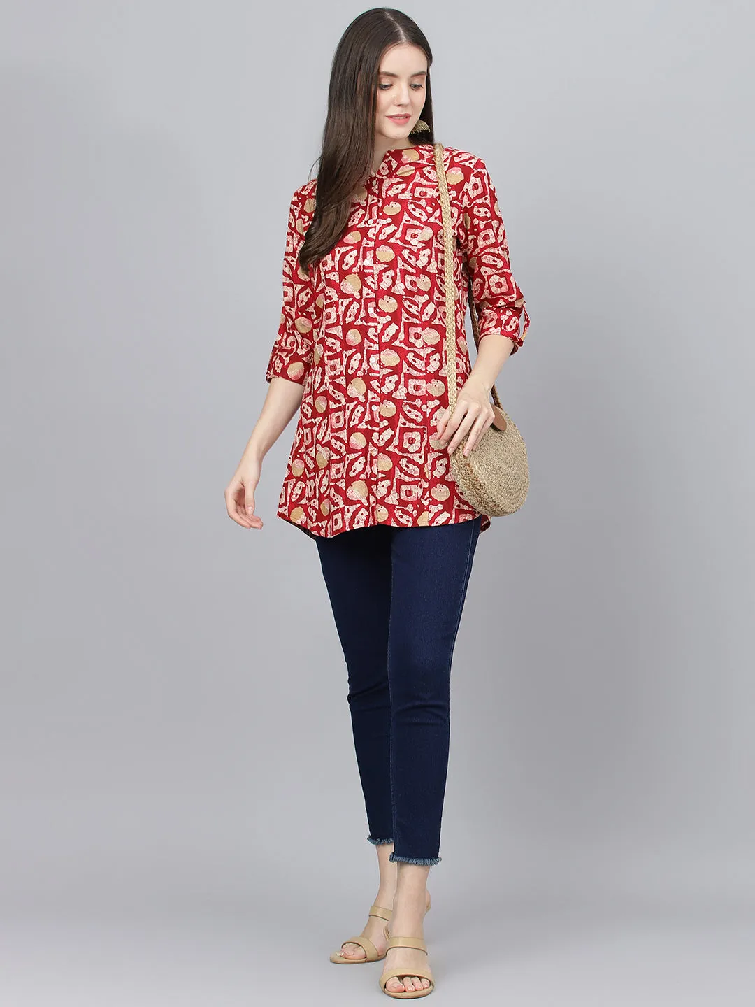 Women Red Abstract Printed Rayon A-Line Shirts Style Top