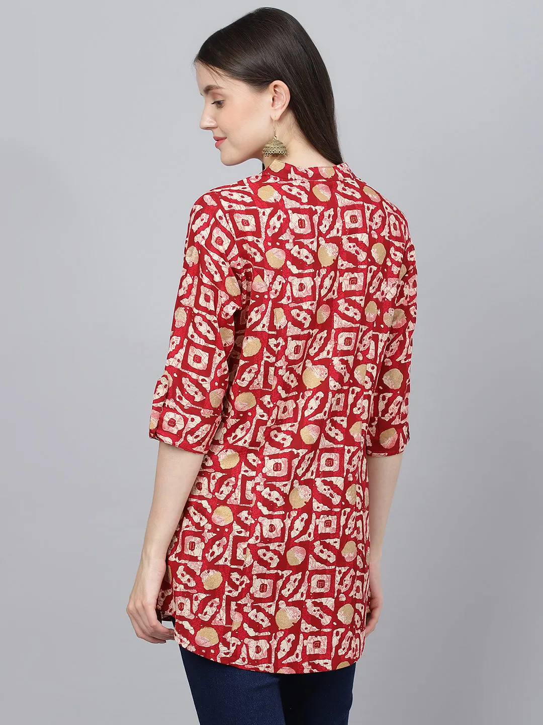 Women Red Abstract Printed Rayon A-Line Shirts Style Top