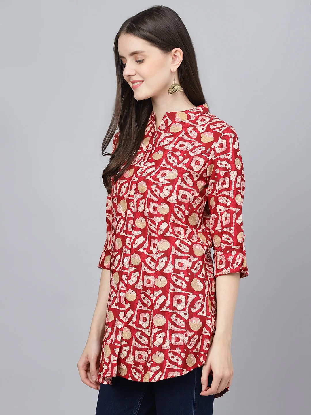 Women Red Abstract Printed Rayon A-Line Shirts Style Top