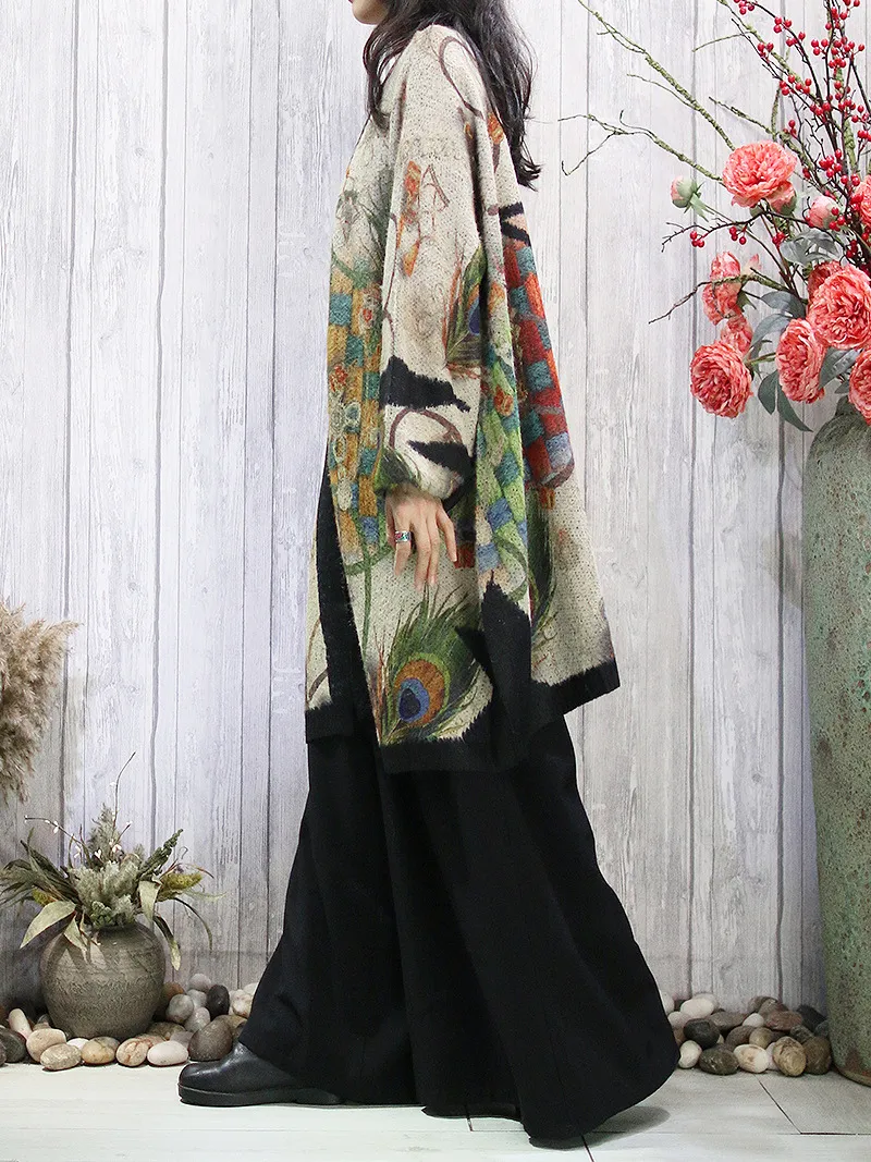 Women's Generous Stylish Loose Printed Big Pocket Cardigan